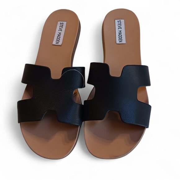 Steve Madden Leather H-Band Slide Flat Sandal Black 9 NIB - Picture 3 of 10